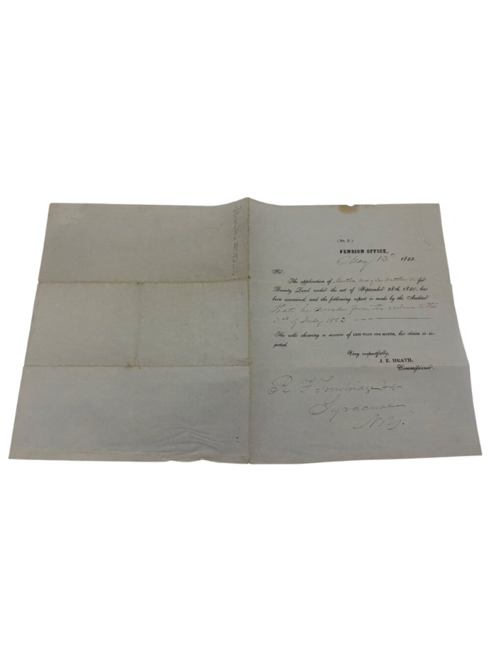 1852 US Pension Office Letter Bounty Land Claim Rejected Syracuse NY US Gov Doc - Picture 4 of 7